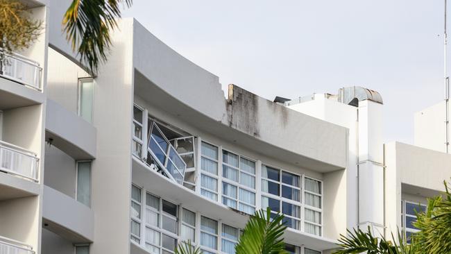 Scene of a helicopter crash on the roof top of the Double Tree Hilton hotel on the Cairns Esplanade. The chopper came in for a hard landing at around 1:50am on Monday. The police have set up a Public Safety Declaration zone along the Esplanade: Picture: Brendan Radke