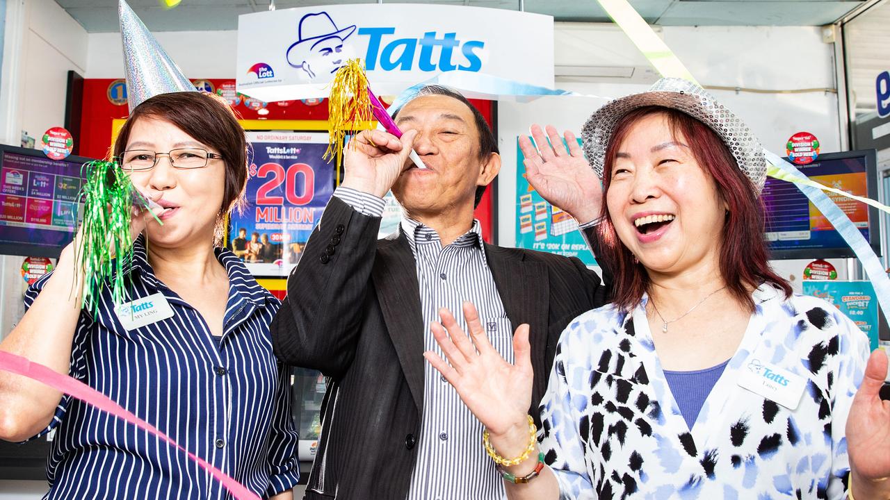 Footscray Lottery Centre Footscray staff My Ling Huynh, owner James Koay and Tancy Tieu celebrate selling the winning ticket.. Picture: Sarah Matray