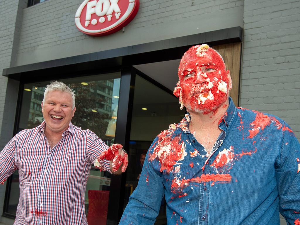 Jason Dunstall and Danny Frawley with <i>Bounces</i>’ 350th birthday cake.