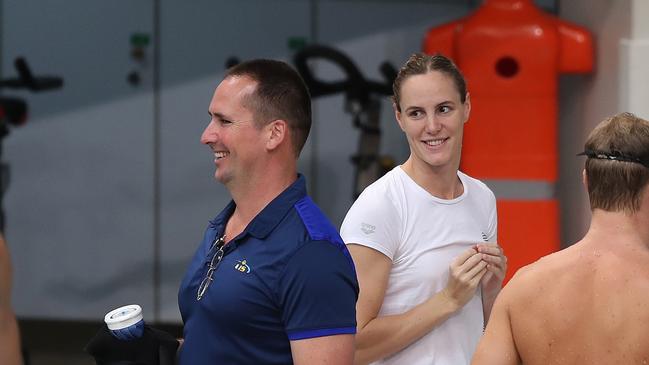 Bronte Campbell with coach Simon Cusack at the Swimming NSW State Open Championships at Sydney Olympic Park Aquatic Centre, Homebush last week. Picture: Brett Costello