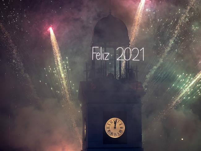 A fireworks display is seen over Puerta del Sol Square on New Year's Eve during the coronavirus pandemic. Picture: Getty