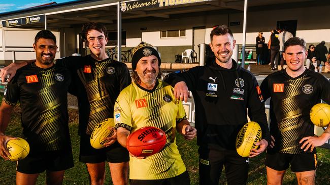 Boston Football Club - Port Lincoln Football League - is aiming for its first win since 2019. Front: Jason “Chook” Fause . Back(left to right):, Sunny “The Panther” Singh, Olly Sellen, Brad “Cat” Keast , Riley “Doogz” Doolan. Picture: Robert Lang