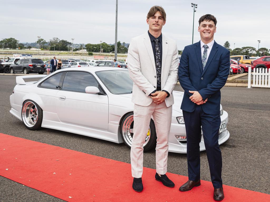 Graduates Zeke Parsons (left) and Lucas Ernst at The Industry School formal at Clifford Park Racecourse, Tuesday, November 12, 2024. Picture: Kevin Farmer