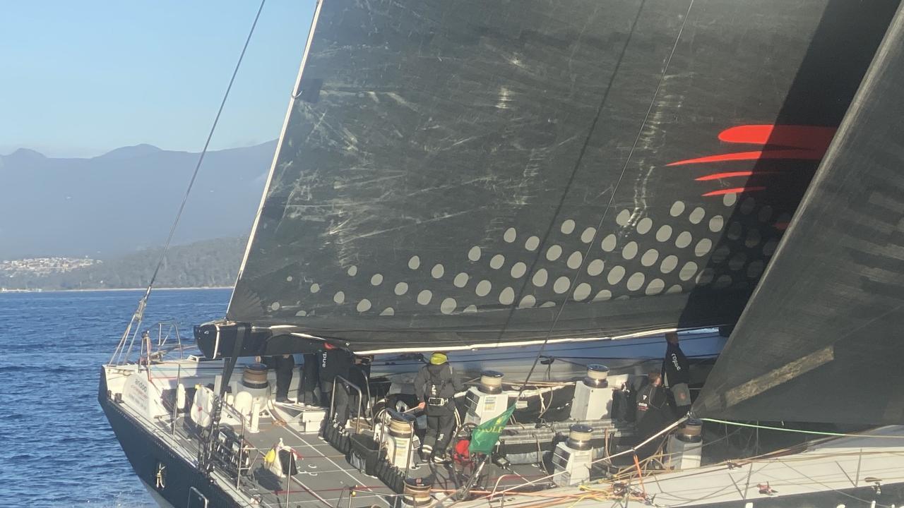 The finish for the 78th Sydney to Hobart as the leaders surge into the Derwent River on December 28, 2023. Picture: James Bresnehan