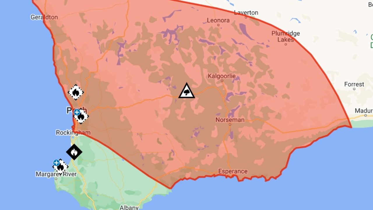 WA’s Department of Fire and Emergency Services issued the warning for the massive area of WA on Monday morning as a cold front bore down on the state’s southwest.