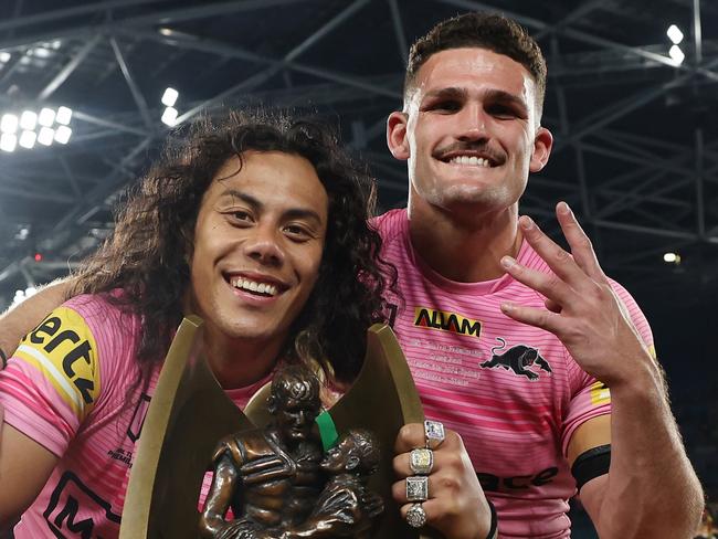 SYDNEY, AUSTRALIA - OCTOBER 06:  Jarome Luai and Nathan Cleary of the Panthers pose with the Provan-Summons Trophy after winning the 2024 NRL Grand Final match between the Melbourne Storm and the Penrith Panthers at Accor Stadium on October 06, 2024, in Sydney, Australia. (Photo by Cameron Spencer/Getty Images)