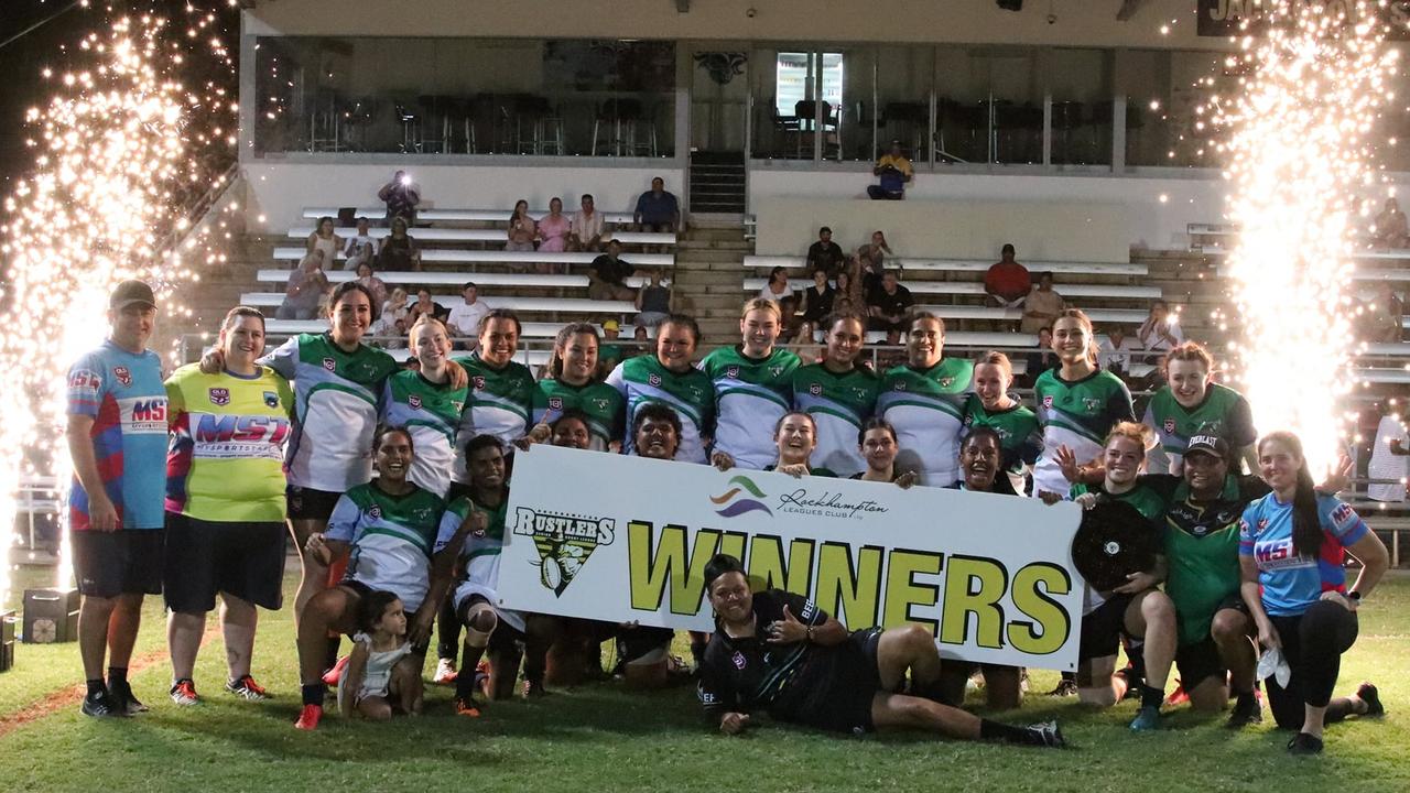 The victorious Beef women’s rugby league team celebrate after the 14-6 win over Reef on Saturday night. Photo: Leeann Booth