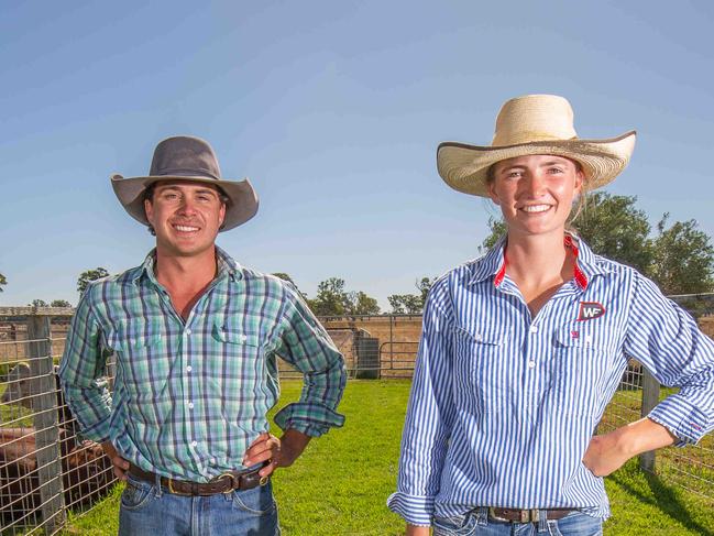 Nick Sullivan 25 with Lydia Sanders 21 at Days Whiteface Farm in Bordertown SA for the Bigger Better SA campaign. Pictured on February 7th 2023. Picture: Ben Clark