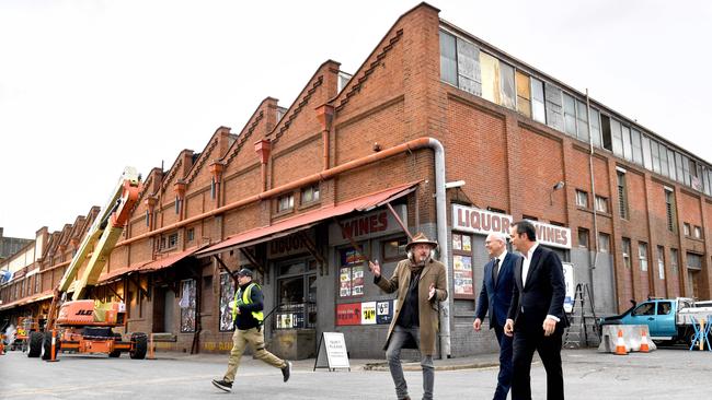 Premier Steven Marshall visits the Port Adelaide set with Producer E. Bennett Walsh. Picture: Tricia Watkinson