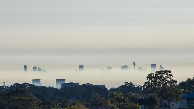 Sydney was covered in smoke on Monday.Picture: NCA NewsWire / Simon Bullard.