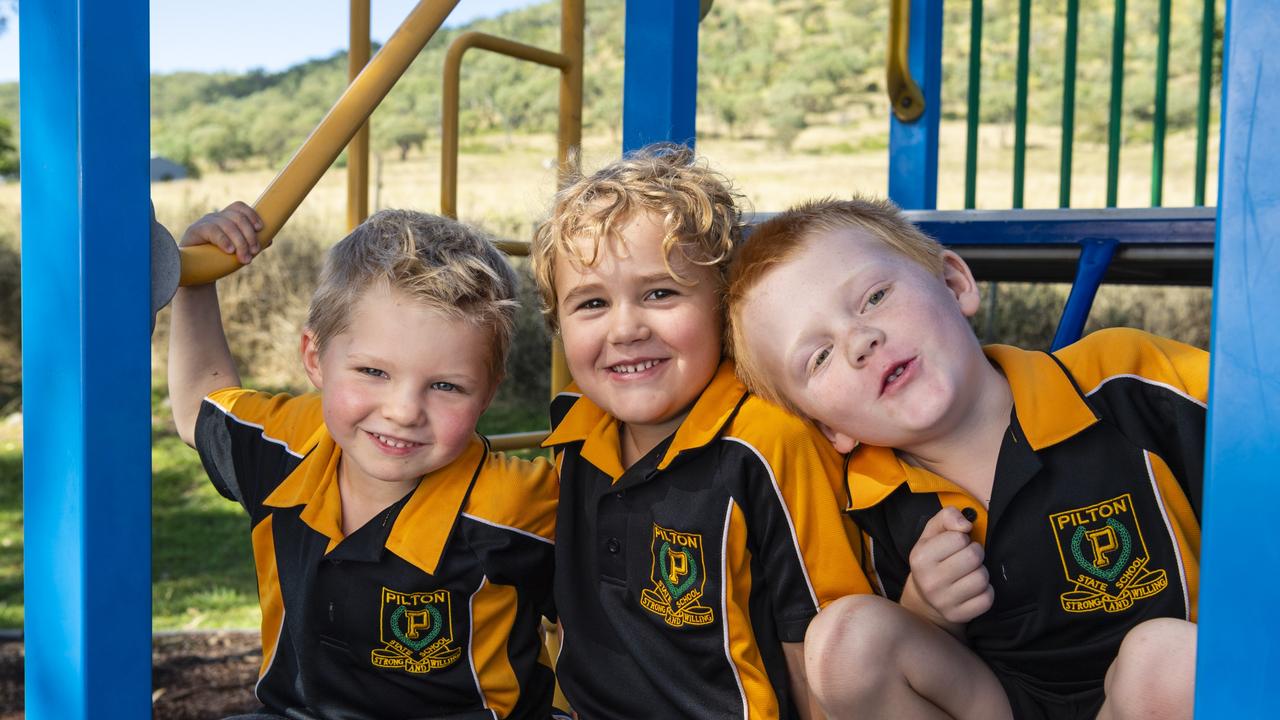 My First Year 2022: Pilton State School Prep students (from left) Oliver, Harry and Lawson, Tuesday, March 1, 2022. Picture: Kevin Farmer