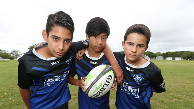 L-R Isiah Bush, Kobi Nouanrasy, Maximus Hill of the Helensvale Hogs under 13's. Pic Mike Batterham