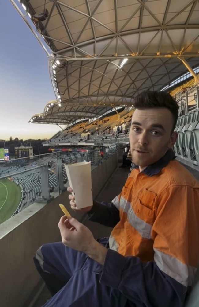 Sam Patterson dodged security at Adelaide Oval dressed as a fake tradie. Picture: Supplied