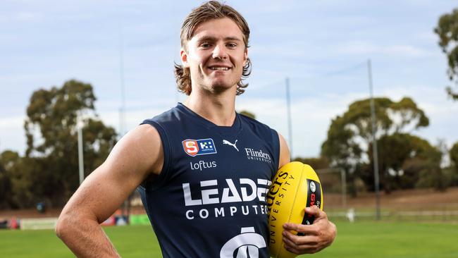 NEWS ADVSouth Adelaide footballer Jye Menzie in full playing gear with a footy at Noarlunga Oval.    IMAGE/Russell Millard