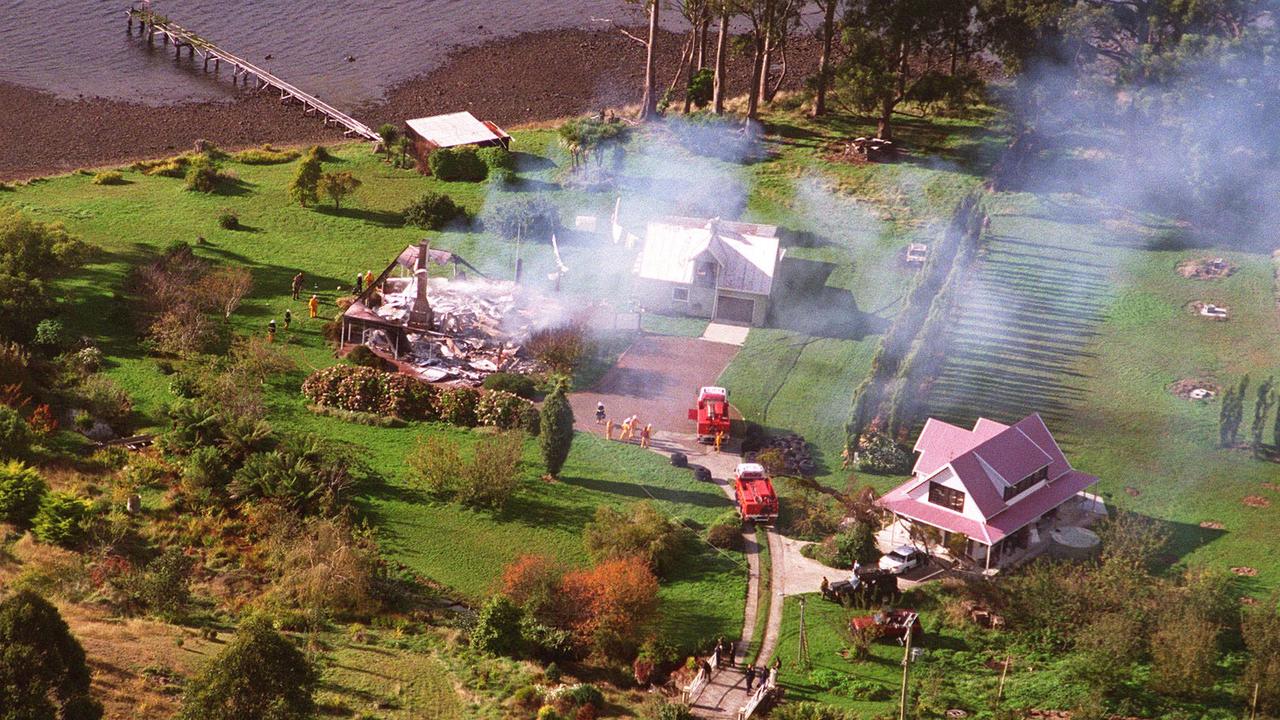 The burnt-out Seascape Cottage Martin Bryant set alight after killing its owners, David and Sally Martin, and a hostage.