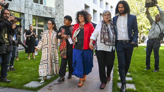 Linda Burney, left, Marion Scrymgour, Malarndirri McCarthy and Pat Anderson outside Parliament House in Canberra on Thursday. Picture: Getty Images