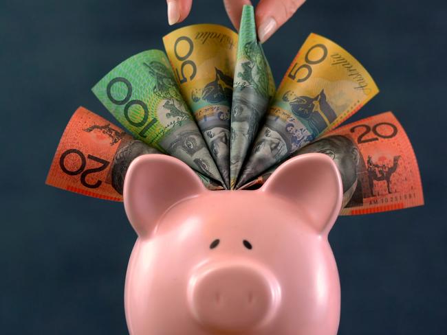 Pink Piggy bank money concept on dark blue background, stuffed with Australian cash, and female hand take one hundred dollar note.