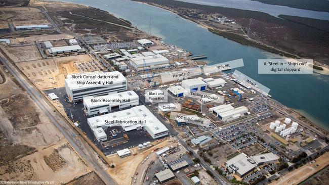 The transformed Osborne Naval Shipyard, with substantial new buildings highlighted. Supplied: BAE Systems Australia