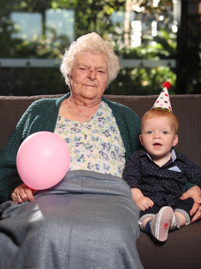 Mabel Crosby with great great-grandson Cameron Moriarty on her 110th birthday in 2019. Picture: Peter Wallis