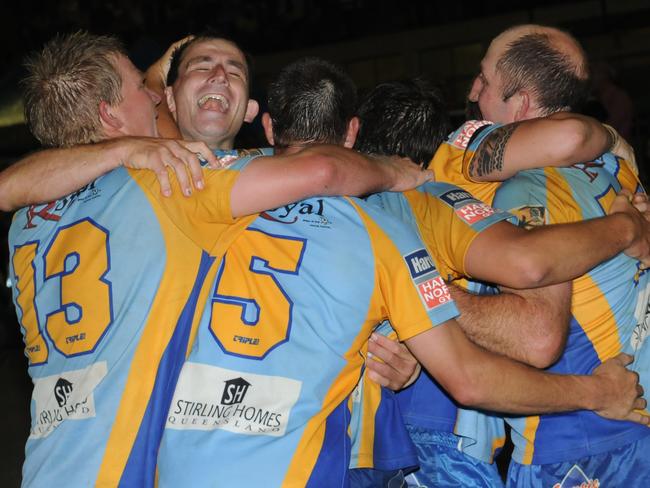 The team celebrates Darren Burns second and match winning try.