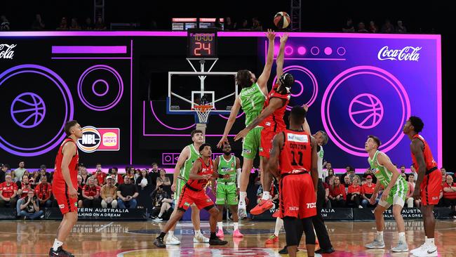 The Boom Box made for an eye-catching backdrop during RAC Arena games at Hoops Fest. Picture: Getty Images