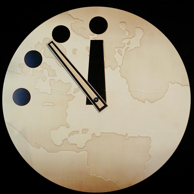 The Bulletin of Atomic Scientist's 'Doomsday Clock' in Chicago reading seven minutes to midnight in photo dated 27/02/2002. The minute hand of the Doomsday clock was moved back slightly on 14/01/2010 indicating the world has inched away from nuclear or environmental catastrophe, but stressing it was not out danger.