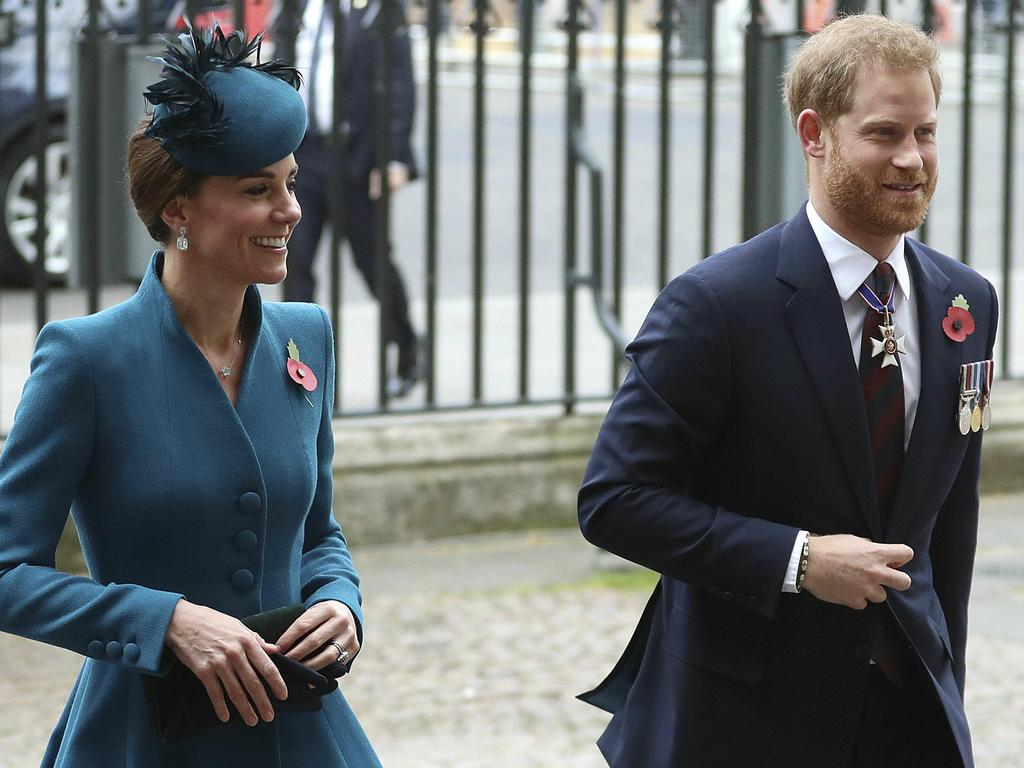 Prince Harry and Kate’s cheerful display at the Anzac Day Service at London’s Westminster Abbey suggested an improvement in relations. Picture: Andrew Matthews/PA via AP 