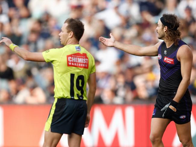 James Aish after the second free kick was awarded. Picture: Michael Willson/AFL Photos