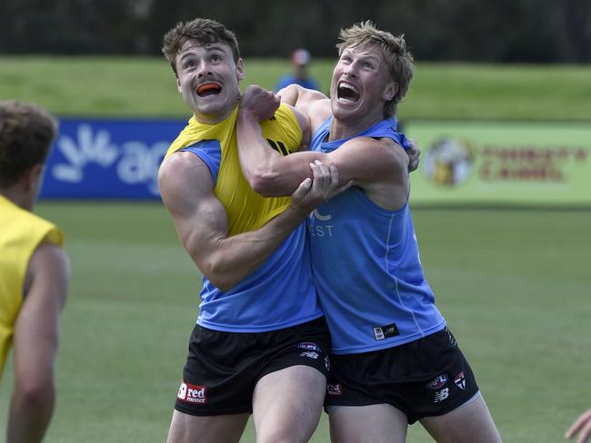 Harry Boyd and Max Heath at St Kilda training. Picture: Andrew Henshaw