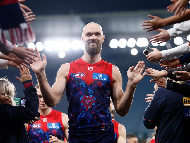 MELBOURNE, AUSTRALIA - MAY 26: Max Gawn of the Demons celebrates with fans during the 2024 AFL Round 11 match between Narrm (Melbourne) and Euro-Yroke (St Kilda) at The Melbourne Cricket Ground on May 26, 2024 in Melbourne, Australia. (Photo by Michael Willson/AFL Photos via Getty Images)