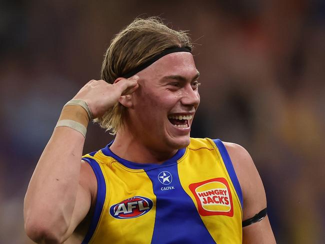 PERTH, AUSTRALIA - APRIL 20: Harley Reid of the Eagles celebrates after scoring a goal during the 2024 AFL Round 06 match between the West Coast Eagles and the Fremantle Dockers at Optus Stadium on April 20, 2024 in Perth, Australia. (Photo by Will Russell/AFL Photos via Getty Images)