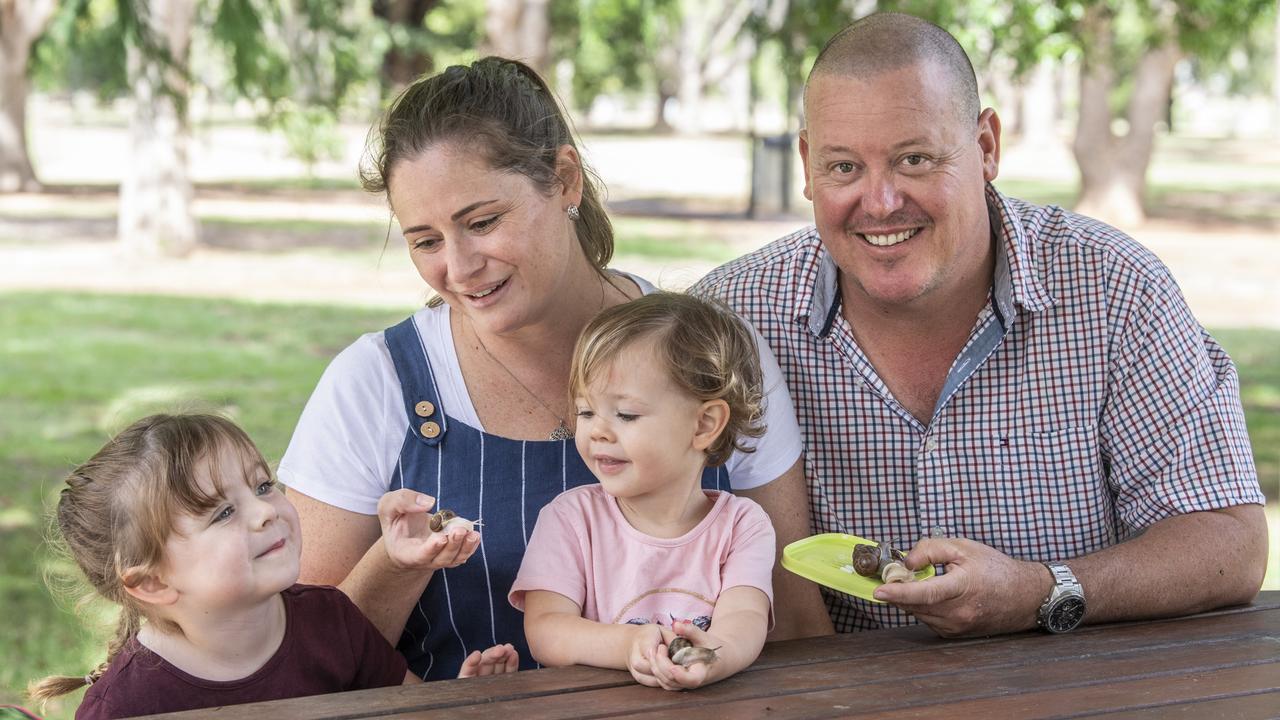 The Hughes family from Greenmount have recently launched Snailed It snail farm with (from left) Daisy, Shari, Primrose and Wes Hughes excited to show the Darling Downs how fascinating and delicious these slimy little creatures can be. Picture: Nev Madsen