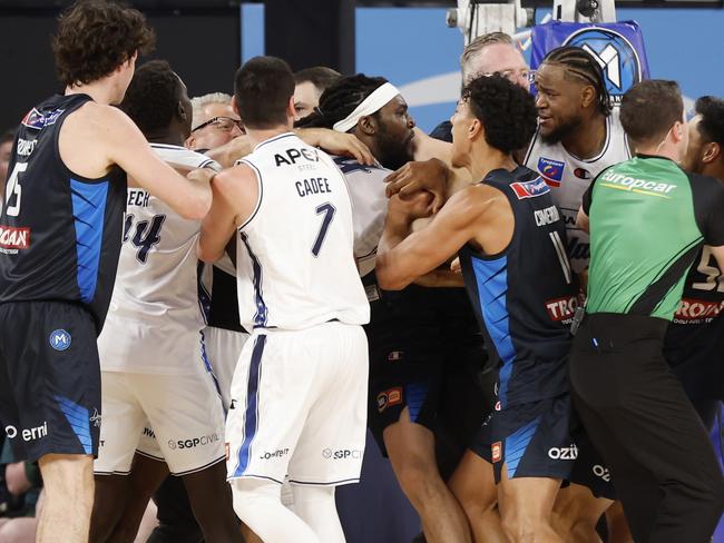 MELBOURNE, AUSTRALIA - NOVEMBER 17: Montrezl Harrell of the Adelaide 36ers fights with Melbourne United players during the round nine NBL match between Melbourne United and Adelaide 36ers at John Cain Arena, on November 17, 2024, in Melbourne, Australia. (Photo by Darrian Traynor/Getty Images)