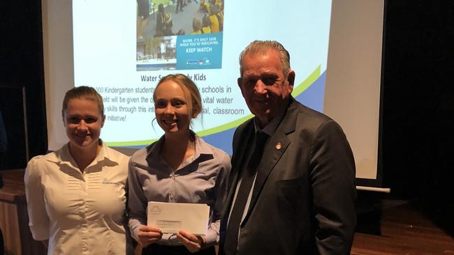 From lefft: Ash Cater, Royal Life Saving Society, and Kimberley Noffs, health promotion manager, Royal Life Saving Society, with George Taylor, president of Cabra Vale Diggers Club, at the Fairfield area Club Grants presentation.