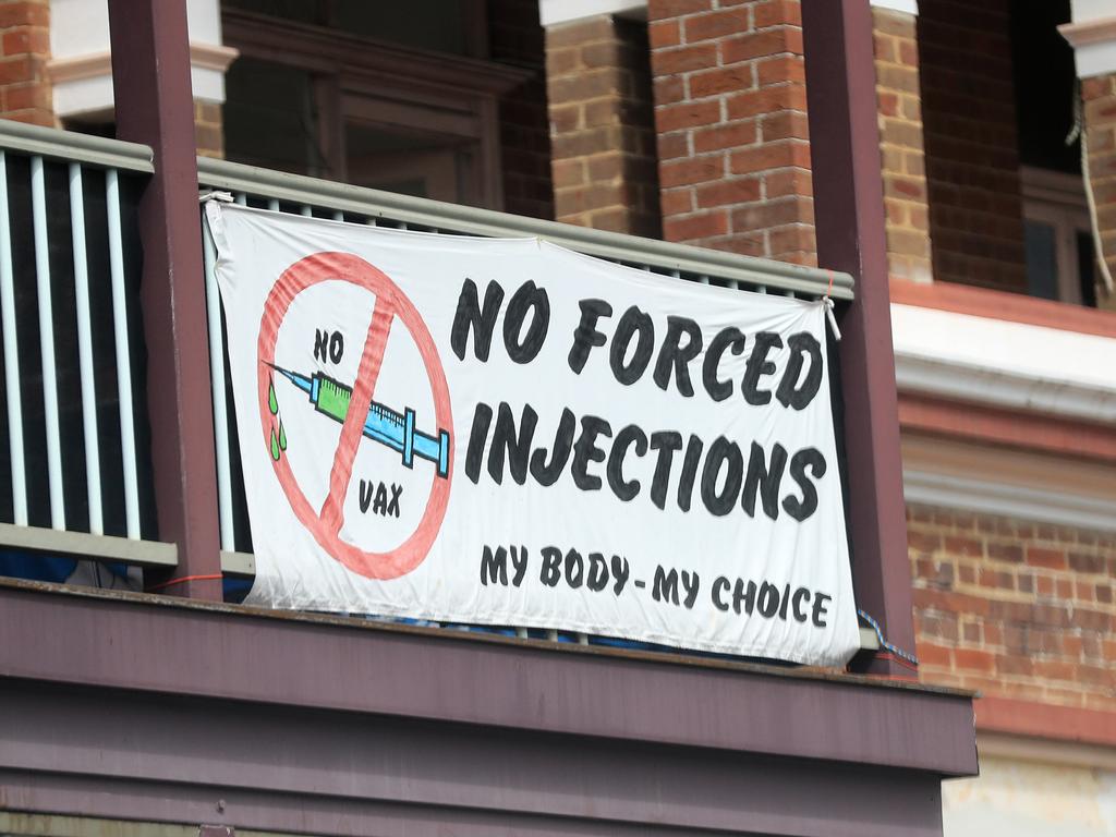 A vaccine protest sign in the main street of Mullumbimby, NSW. Picture: NCA NewsWire / Scott Powick