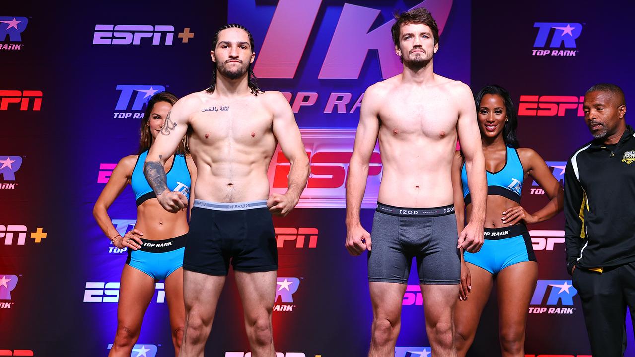 CATOOSA, OKLAHOMA - AUGUST 13: Nico Ali Walsh (L) and Jordan Weeks (R) posed during the weigh in at Hard Rock Hotel &amp; Casino Tulsa on August 13, 2021 in Catoosa, Oklahoma. (Photo by Mikey Williams/Top Rank Inc via Getty Images)