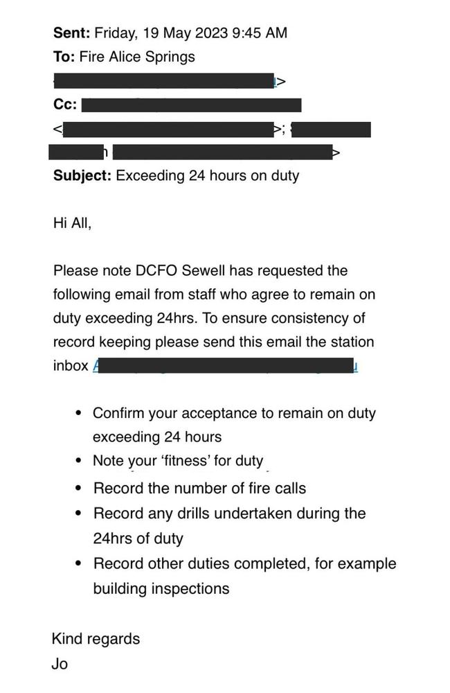 Alice Springs firefighters were asked on May 19, 2023 if they were willing to remain on duty for more than 24 hours following a request from the NT Deputy Chief Fire Officer Stephen Sewell.