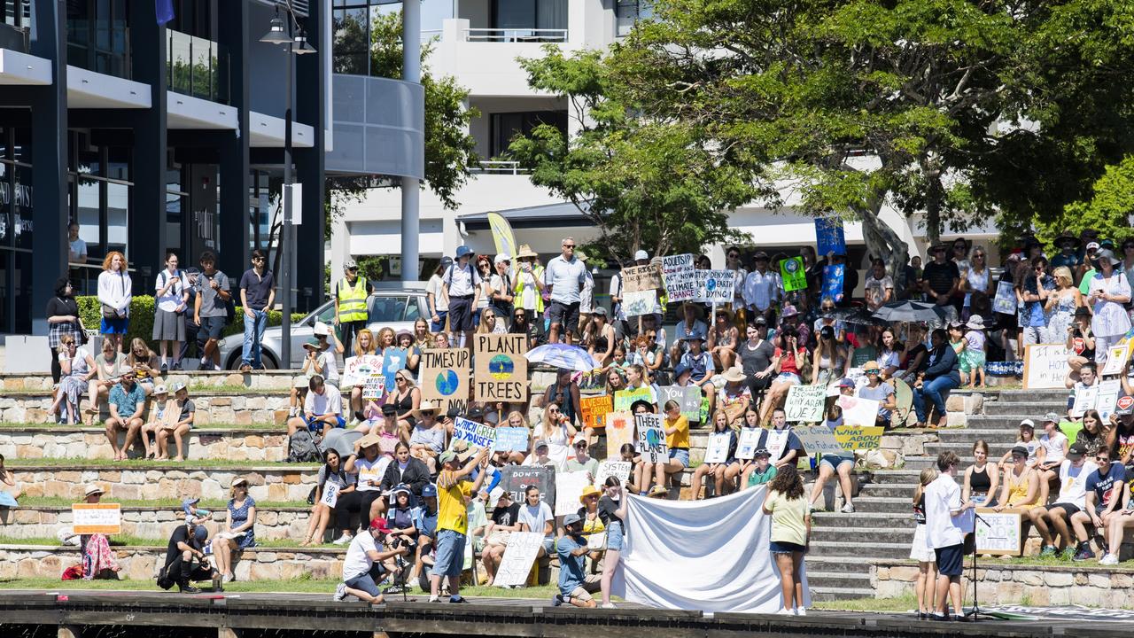 Gold Coast school students at a climate change protest outside the Varsity Lakes office of Minister Karen Andrews. Picture: Bond Newsroom