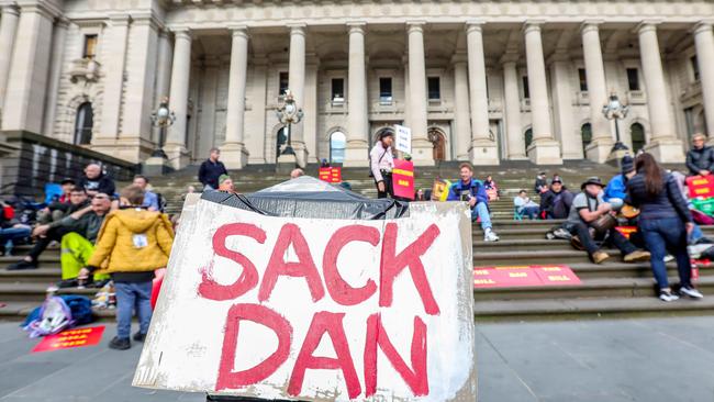 Protesters on steps of Victoria’s Parliament House in Melbourne. Picture: Tim Carrafa