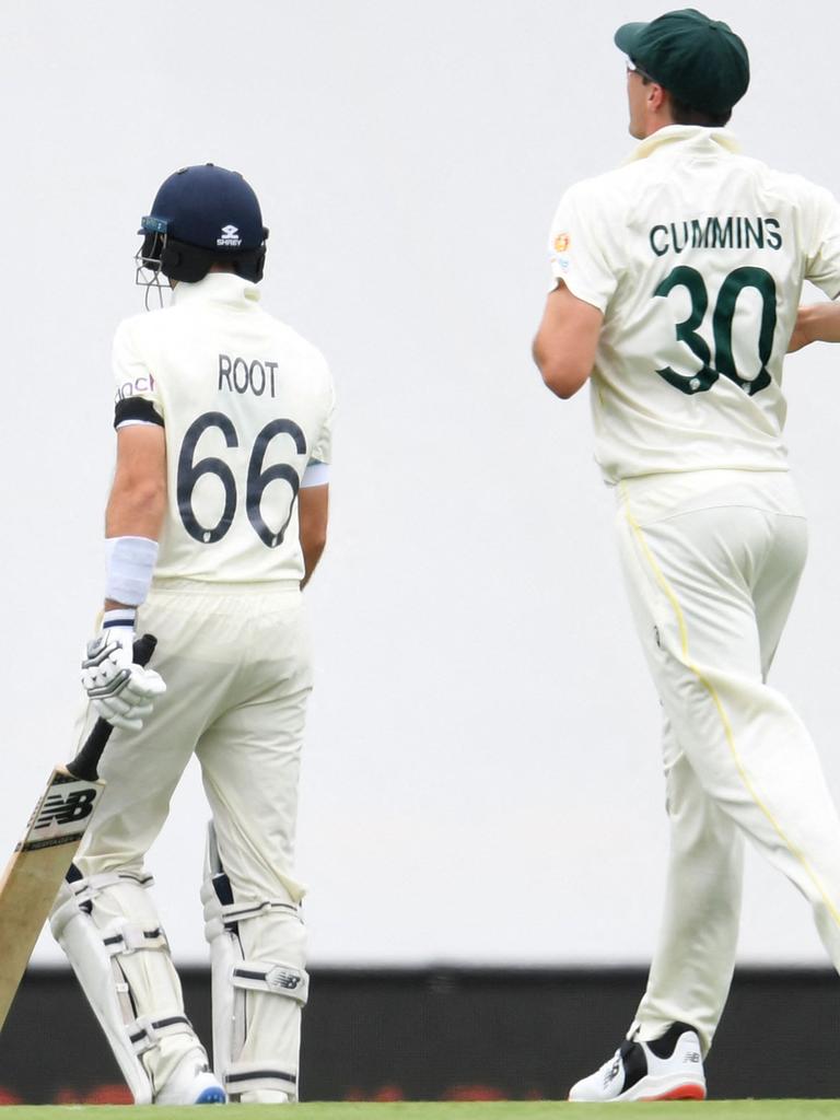 Cummins celebrates Root’s wicket. Picture: Dan Peled/AFP