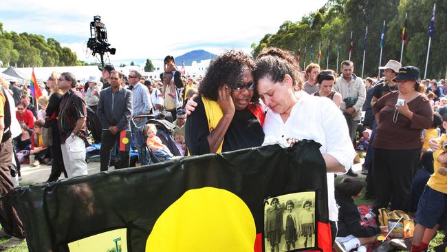 Australians gathered outside Parliament House in 2008, to hear then PM Kevin Rudd say sorry to Indigenous Australians for the Stolen Generations. Picture: Phil Hillyard