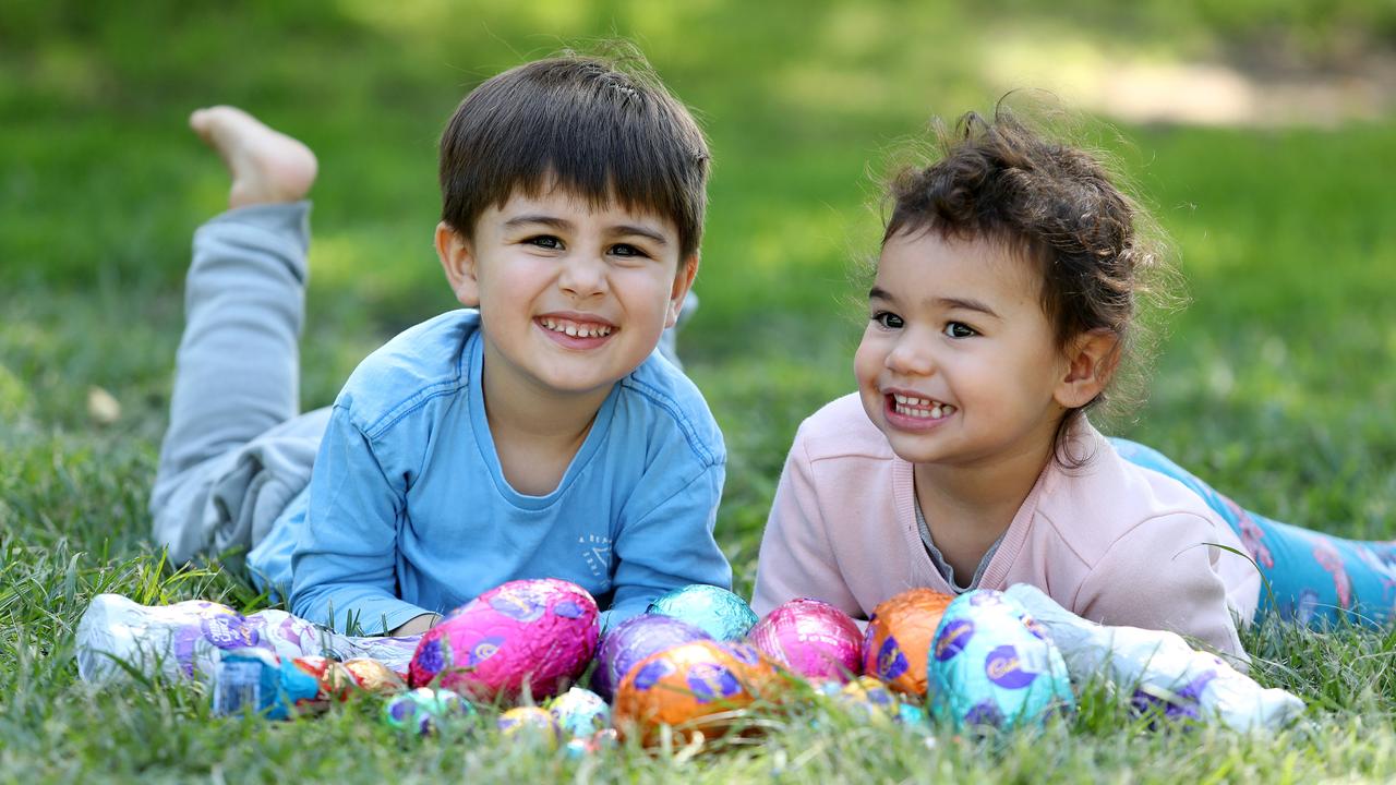 Pictured with Easter eggs at Centennial Park is Lleon Lambrakis 3 and Llaisaane Tapueluelu 2. Picture: Tim Hunter.