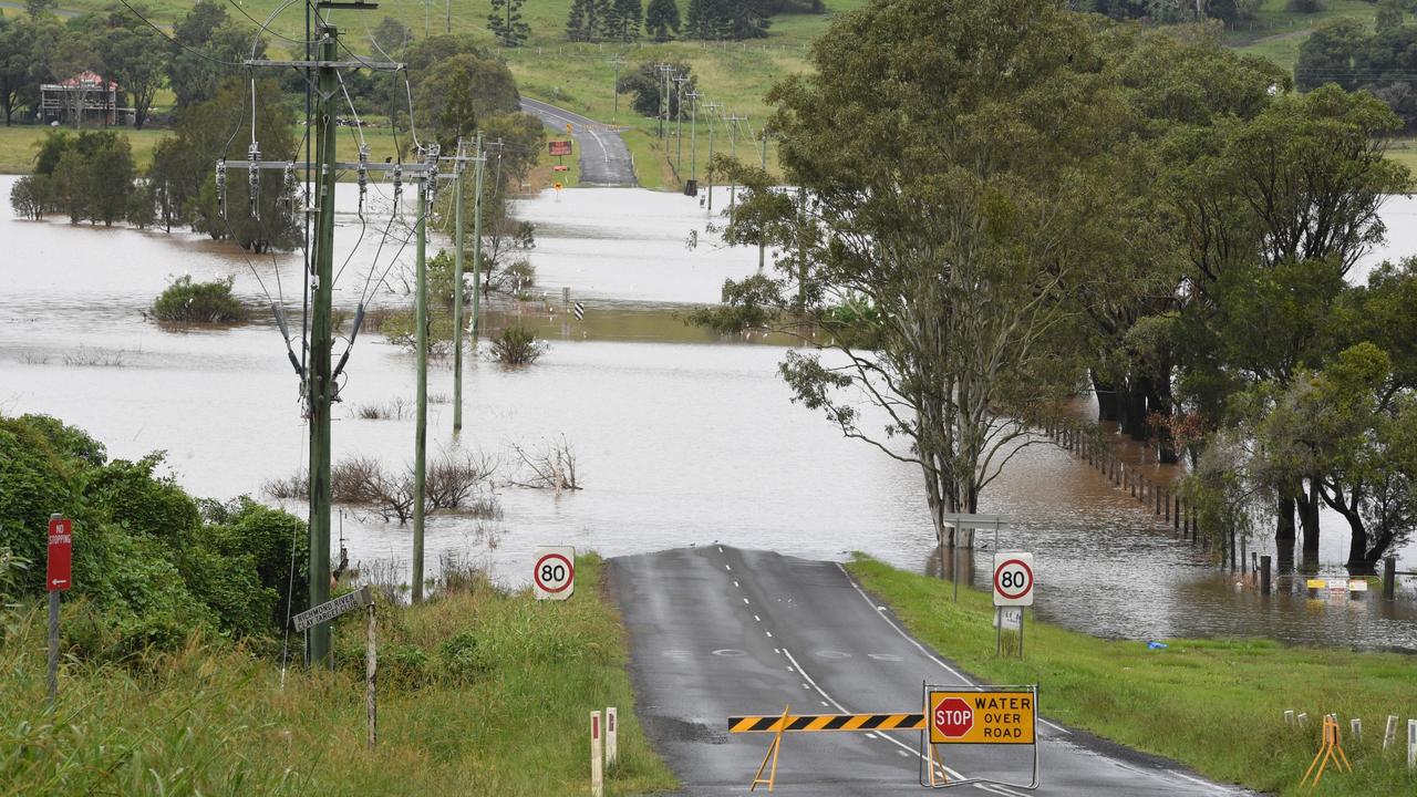 Floodwaters over Wyralla Road on Tuesday around noon, just east of Lismore only four weeks after catastrophic flooding hammered the region. Picture: Cath Piltz.