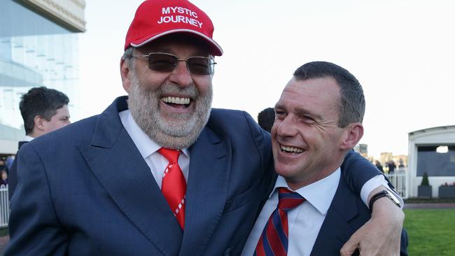 Owner Wayne Roser and trainer Adam Trinder were delighted with Mystic Journey’s first-up performance. Picture: Getty Images