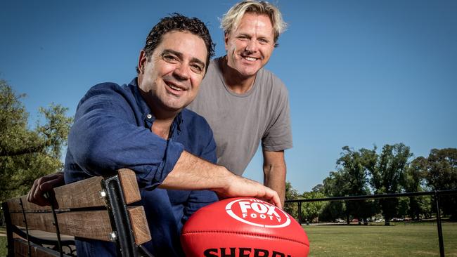 Dermott Brereton welcomes Garry Lyon to Fox Footy. Picture: Jake Nowakowski