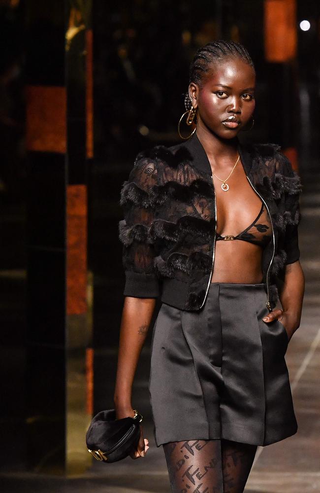 Adut Akech on the runway for Fendi at Milan Fashion Week. Picture: AFP