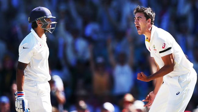 Mitchell Starc copped a reprimand for this send-off of Murali Vijay. Picture: Phil Hillyard.