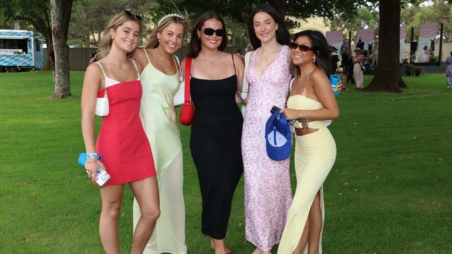 Riley Wastell, Isla Greer, Jess Deretic, Jacinta McKenzie and Sarah Woodward attend the Ballarat Cup. Picture: Brendan Beckett