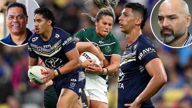 Cowboys Corner July 2024. Left to right: Murray Taulagi, Harata Butler and Heilum Luki. NRLW coach Ricky Henry (inset left), NRL coach Todd Payten (inset right),