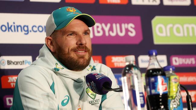 Aaron Finch at a press conference at Adelaide Oval (Photo by Sarah Reed/Getty Images)